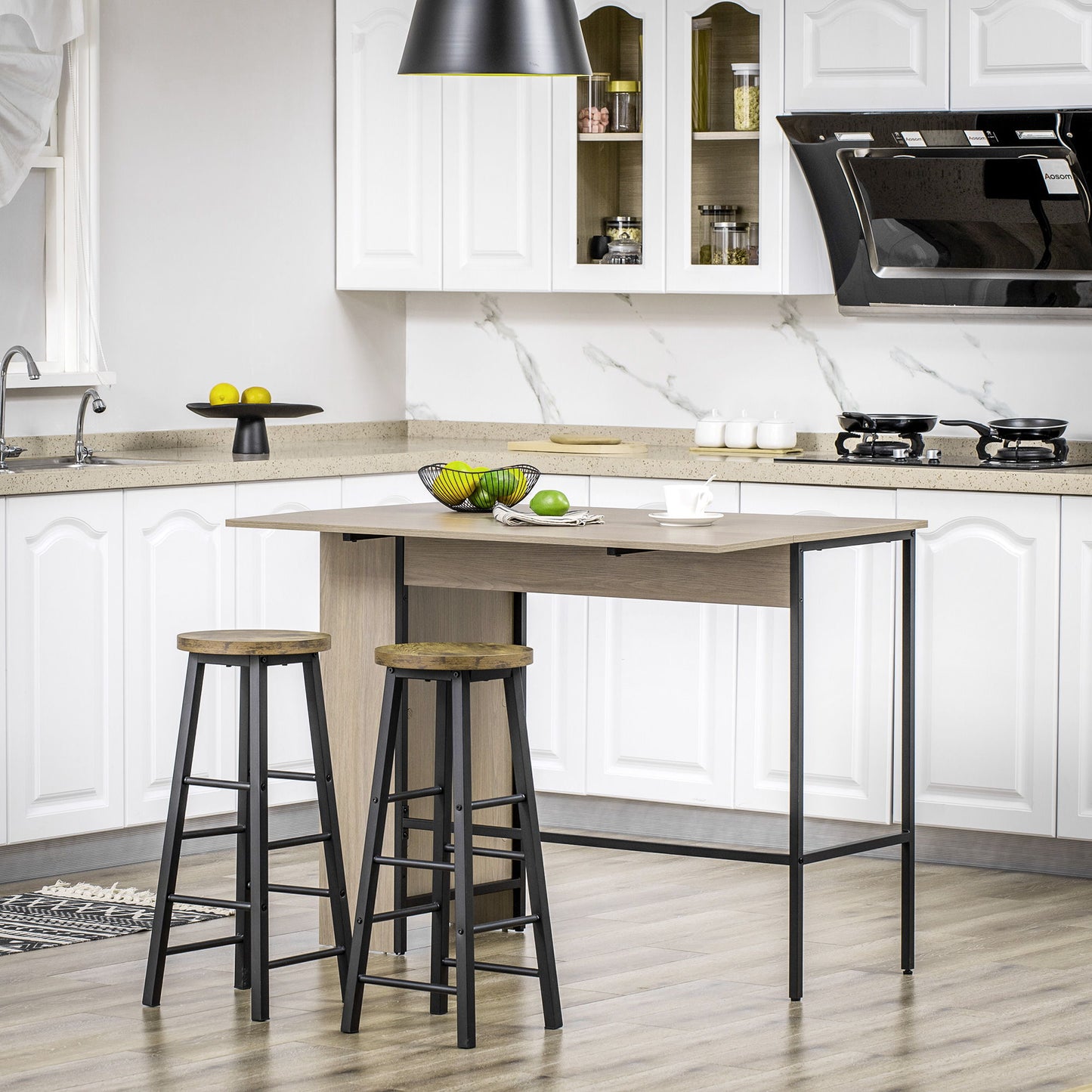 Counter Height Table with Drop Leaf, Extendable Bar Table with Adjustable Storage Shelf, Light Grey