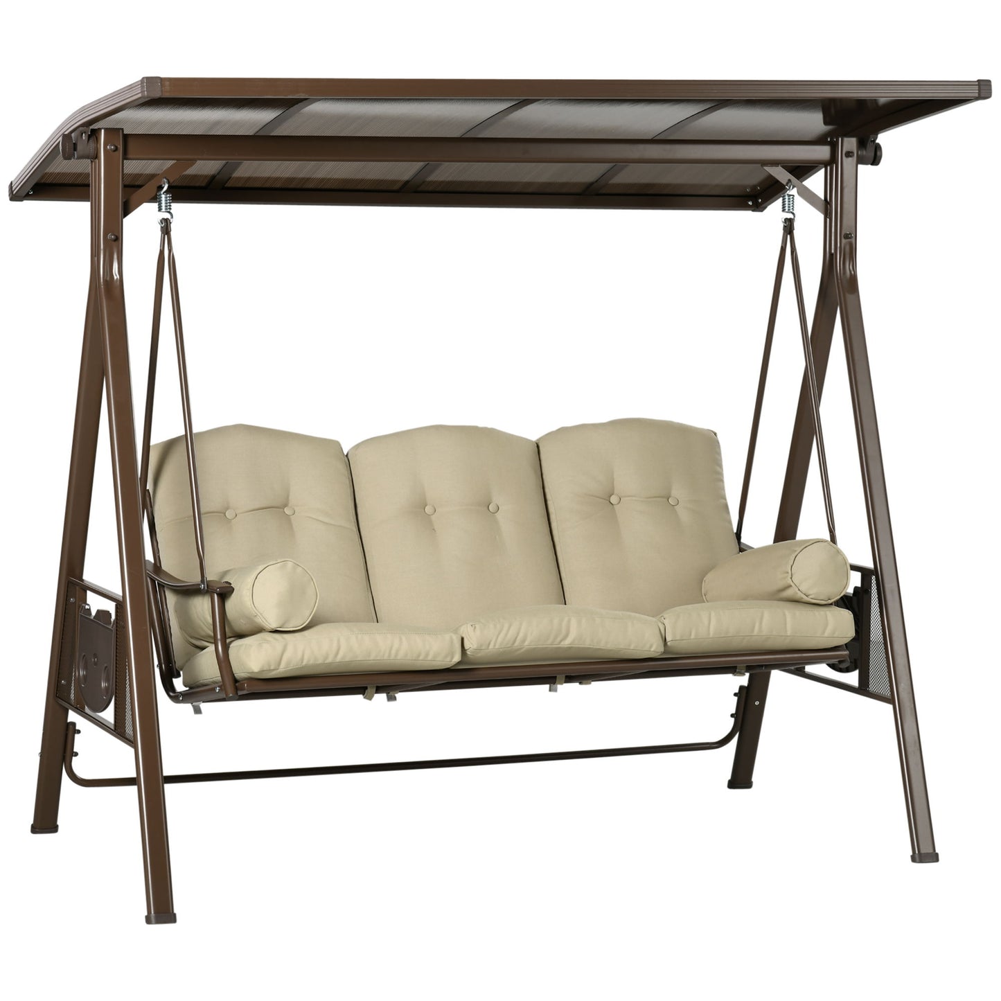 3-Seat Patio Swing Chair, Outdoor Canopy Swing Glider with Cushion, Pillows and Adjustable Polycarbonate Canopy for Porch, Garden, Poolside, Backyard, Khaki