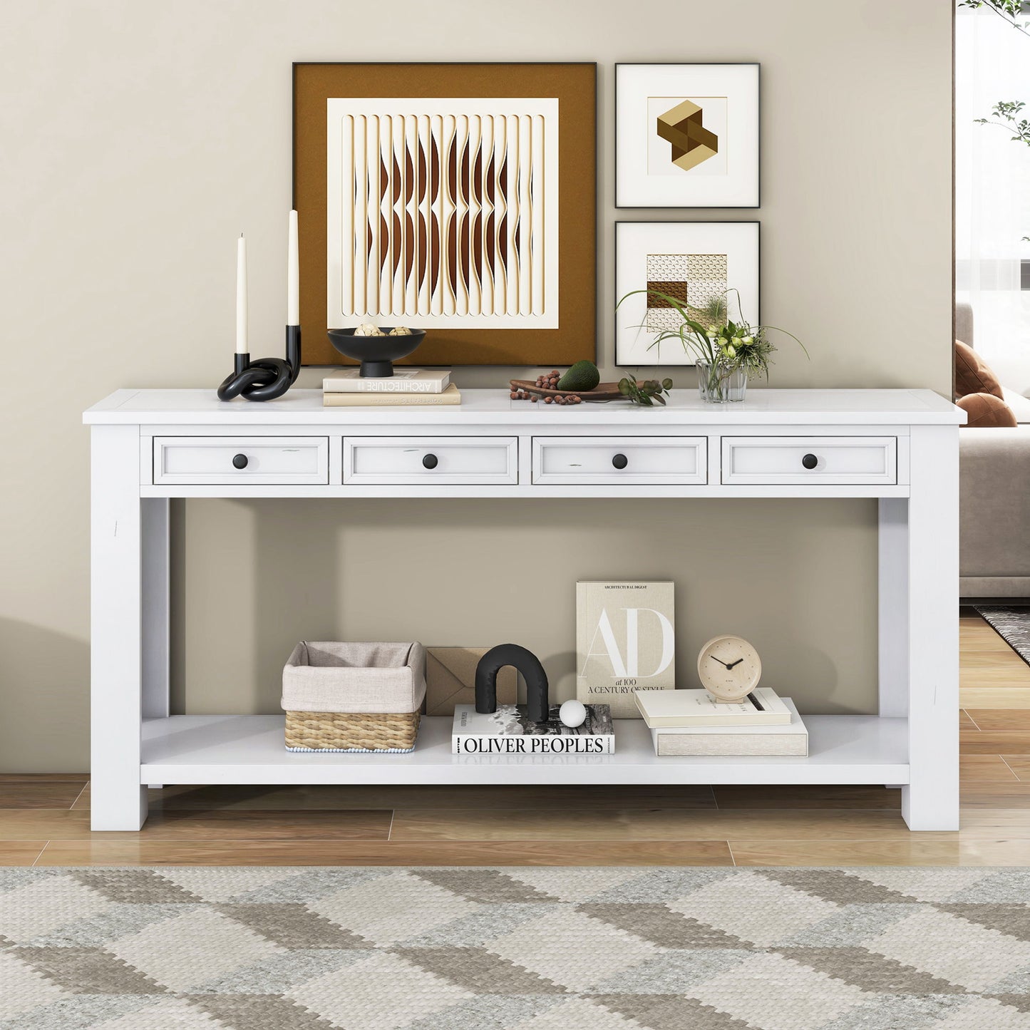 Rustic Chic Console Table with 4 Storage Drawers, Bottom Shelf, Solid Wood Frame, Ideal for Entryway, Hallway, 63" L x 14" W x 30" H, White