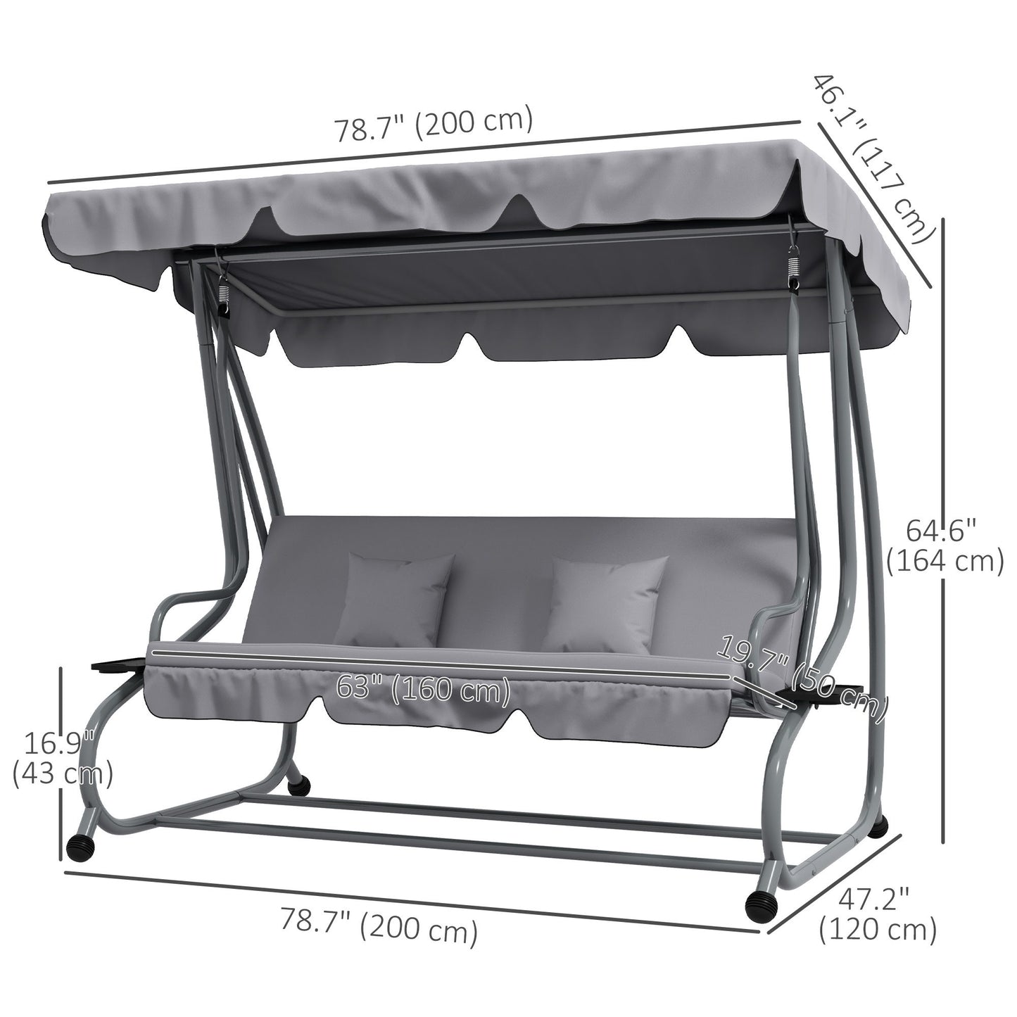 Outdoor 3-Seater Patio Swing Chair, Outdoor Swing Seat, with Adjustable Canopy and Two Pillows for Garden, Light Grey
