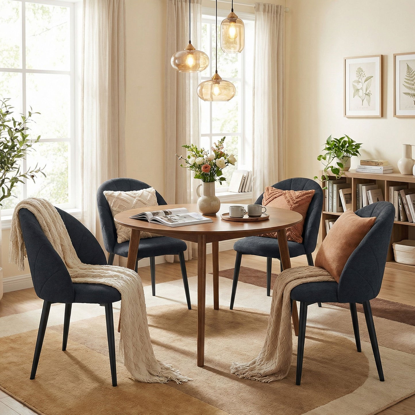 Modern Dining Chairs Set of 4, Upholstered Dining Room Chairs with Metal Legs, Shell Backrest, Padded Seat, Black