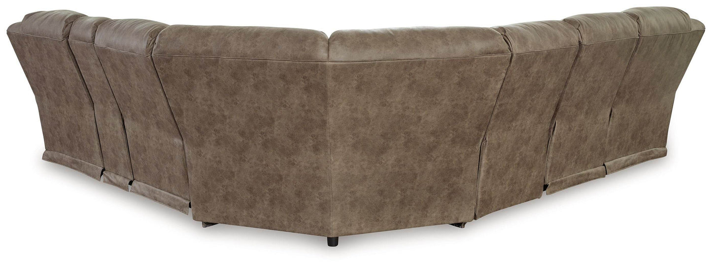 Ravenel - Fossil - 4-Piece Power Reclining Sectional With Raf Power Reclining Loveseat With Console - Faux Leather - Forward Furniture