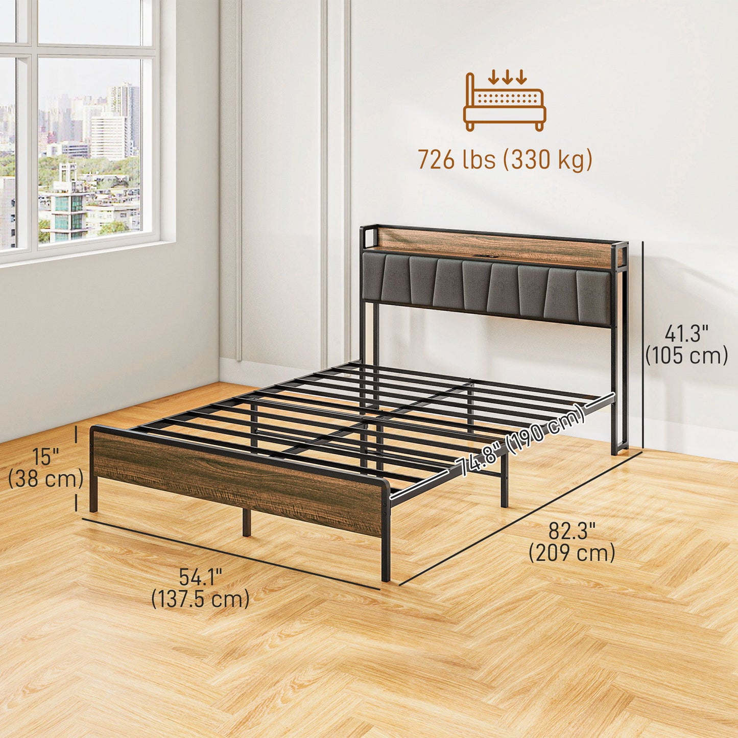 Full Size Bed Frame with Charging Station, Full Bed Frame with Upholstered Headboard and Storage Shelf, Walnut