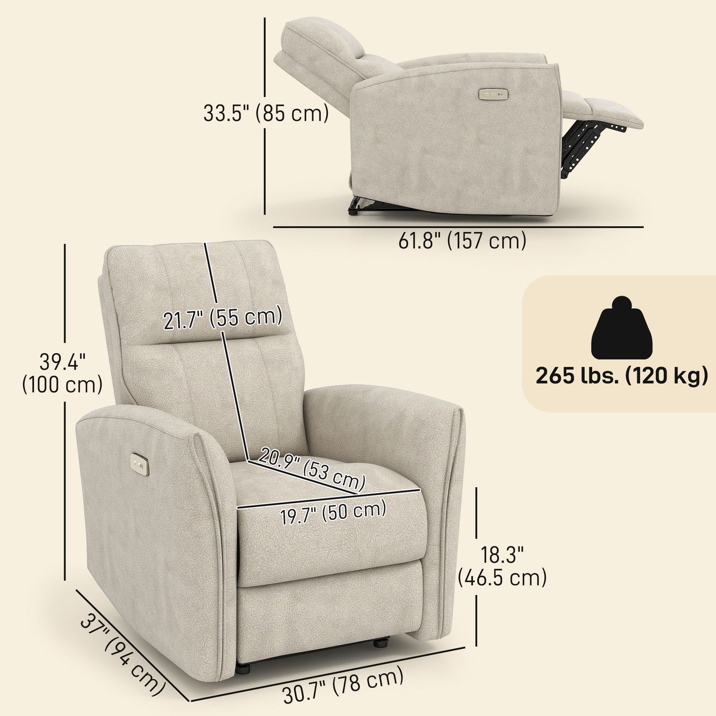 Power Recliner Chair, Fabric Upholstered Recliner Chair with USB Ports, Footrest, Beige