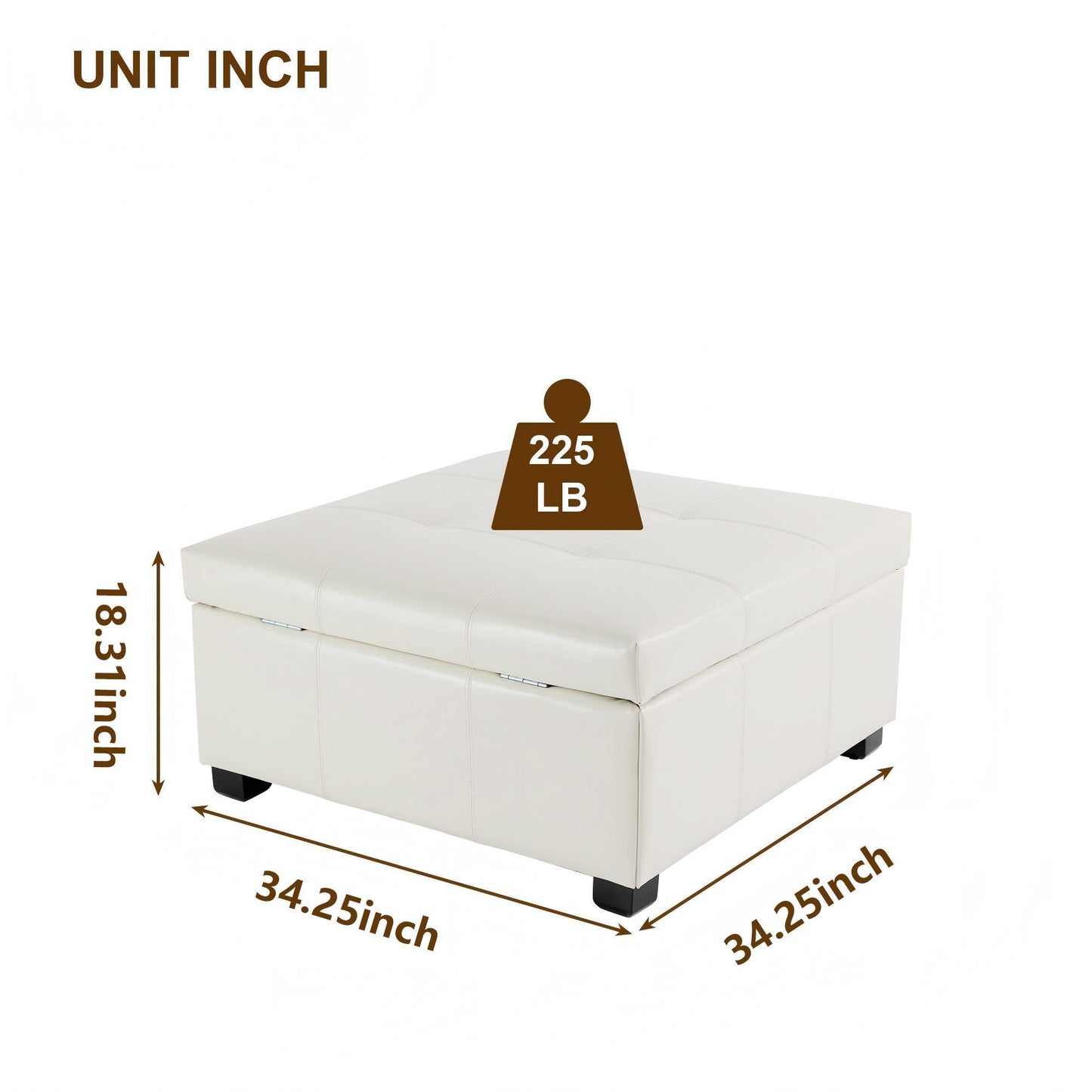 Large Square Ottoman with Upholstered PU Leather and High‑Density Foam, Modern Coffee Table with Storage, 34'' L x 34'' W x 18.5'' H, Beige