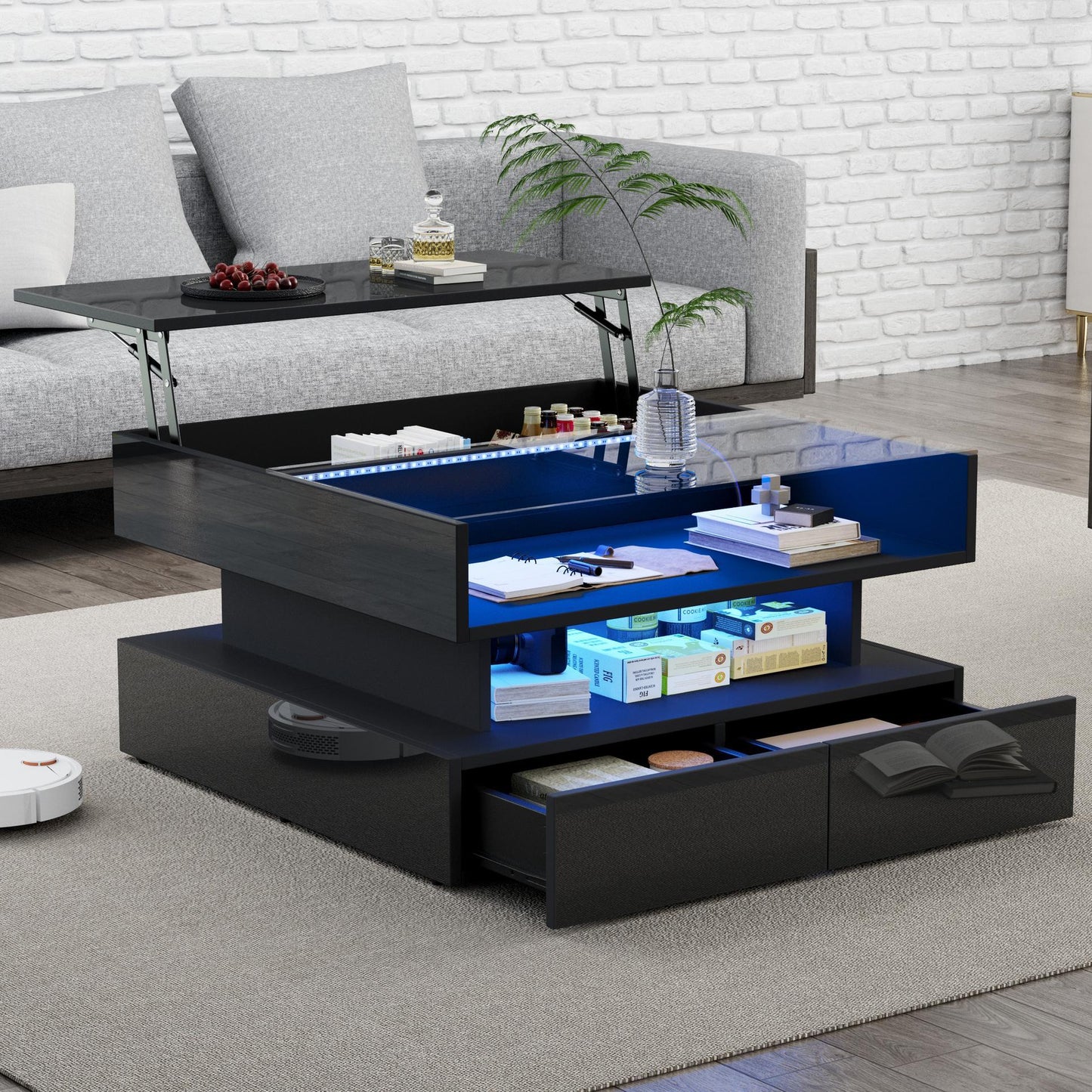 Lift-Up Coffee Table with App-Controlled LED Lighting, Space-Saving Center Table for Compact Homes, 31.5'' L x 31.5'' W x 17.5'' H, Black