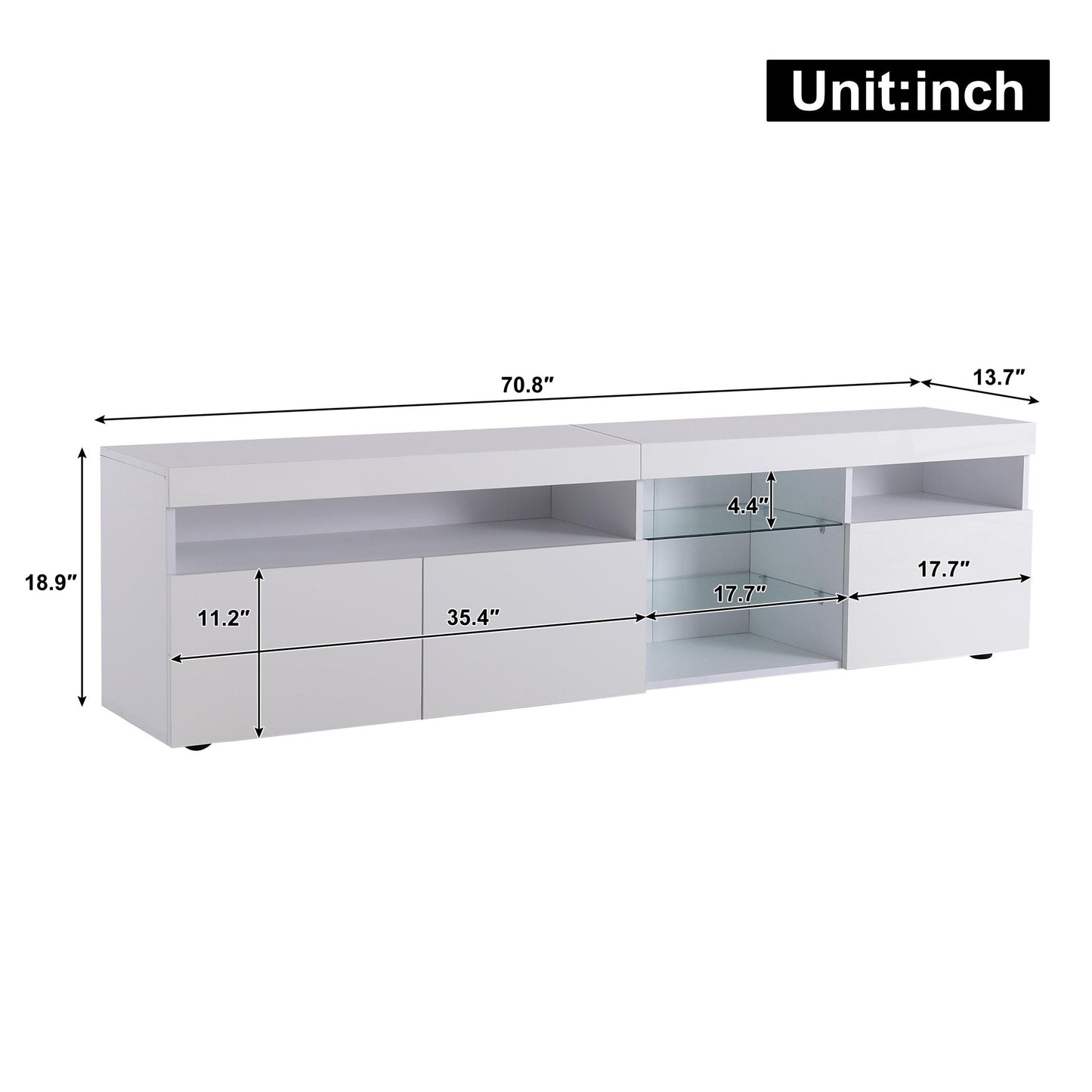 Modern TV Cabinet with 3-Door Storage and Internal Shelves, Elegant Media Console with USB LED Lighting, 71'' L x 13.5'' W x 19'' H, White