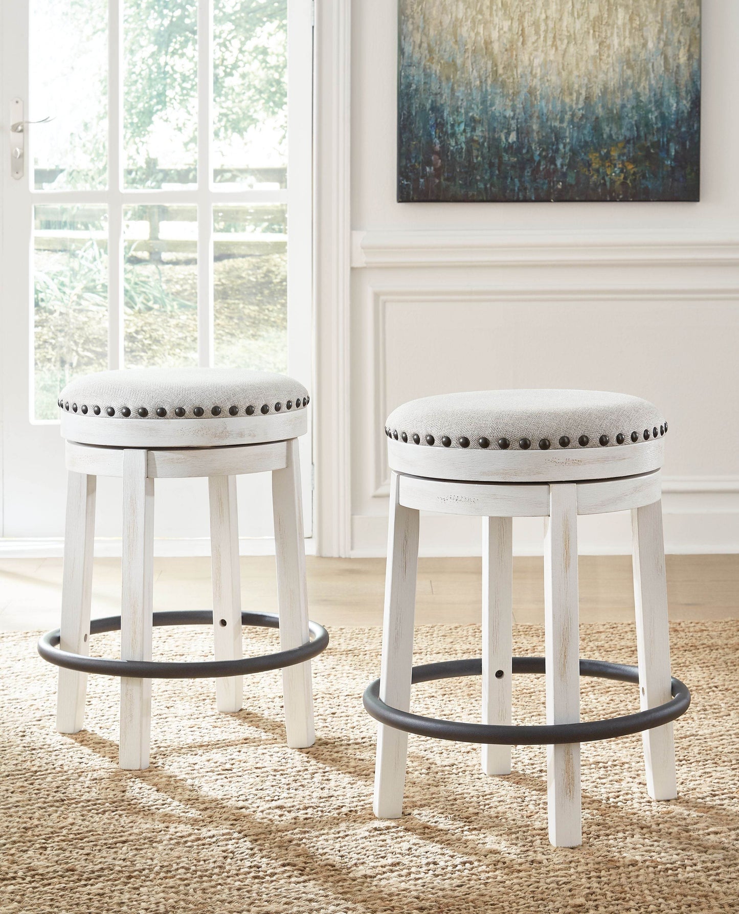 Valebeck - White / Brown - 5 Pc. - Counter Table With Wine Rack, 4 Swivel Stools - Forward Furniture