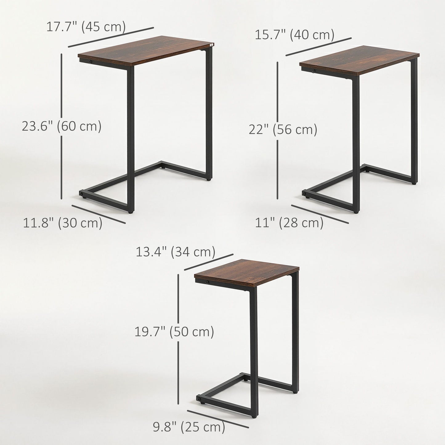 Nesting Coffee Table Set of 3, Stackable Rectangular End Tables with Wood-Effect Top, Metal Frame, Industrial & Rustic C-Shaped for Small Space, Living Room, Rustic Brown