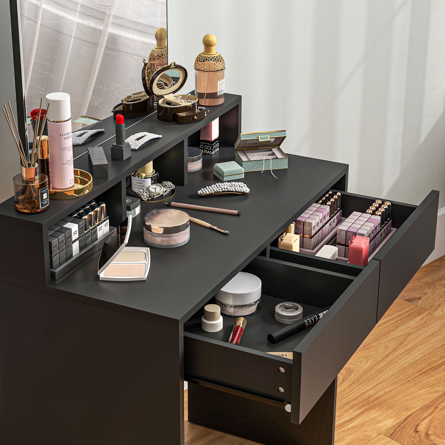 Makeup Vanity Desk with Mirror, for Bedroom, Modern Dressing Table with Drawers, Compartments, Black