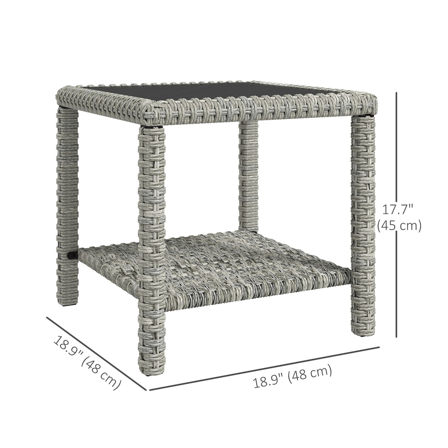 19" Outdoor Wicker Coffee Table with Glass Top, Storage Shelf for Garden Porch Balcony Deck, Dark Grey
