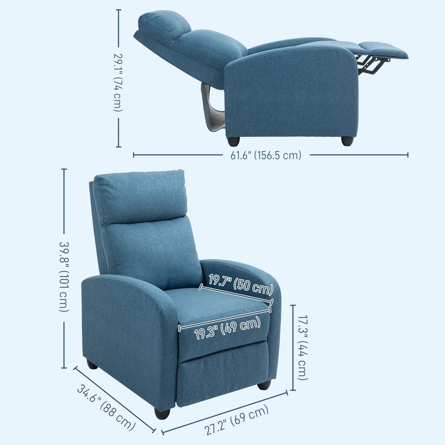 Fabric Recliner Chair Manual Home Theater Seating Single Reclining Sofa Chair with Padded Seat for Living Room, Blue