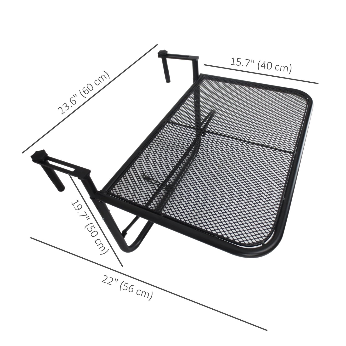 Adjustable Balcony Hanging Railing Table, Metal Mounting Mini Wall Desk Storage Rack, Outdoor Flower Stand Serving Table Rectangle, Black