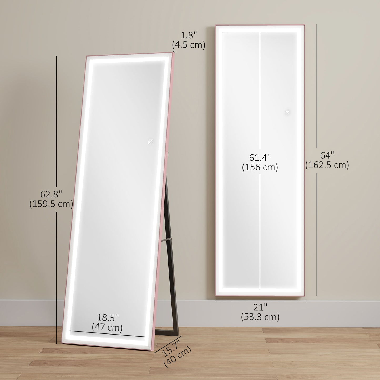 LED Mirror with Dimmable and 3 Colour Lights, 64" x 21" Rectangular Floor Mirror for Bedroom Living Room, Pink