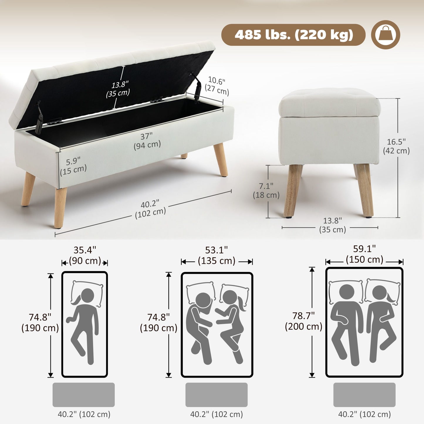 Storage Ottoman with Lid, Velvet Upholstered Storage Bench with Wood Legs for Living Room, Cream White