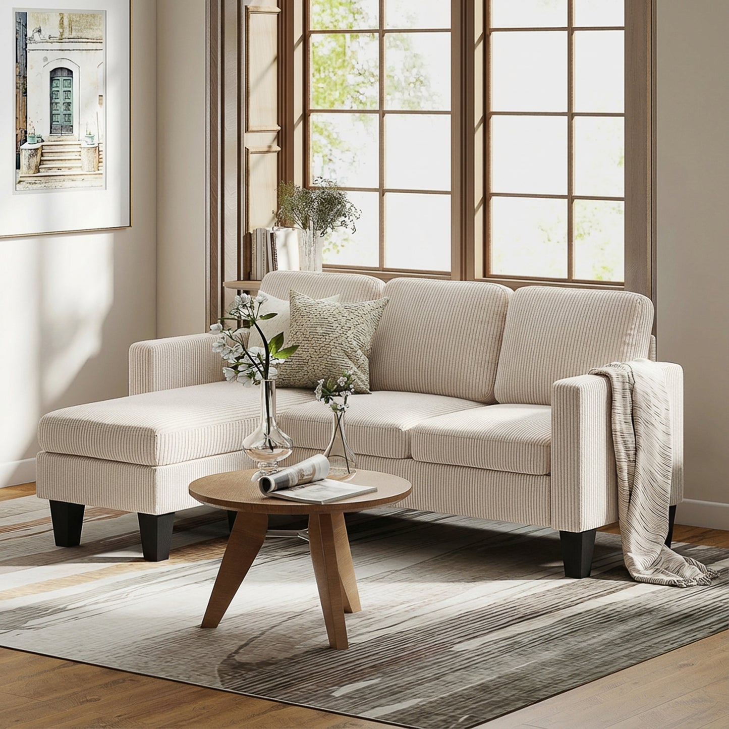 L-Shape Corduroy Sectional Sofa with Reversible Chaise - Cream White