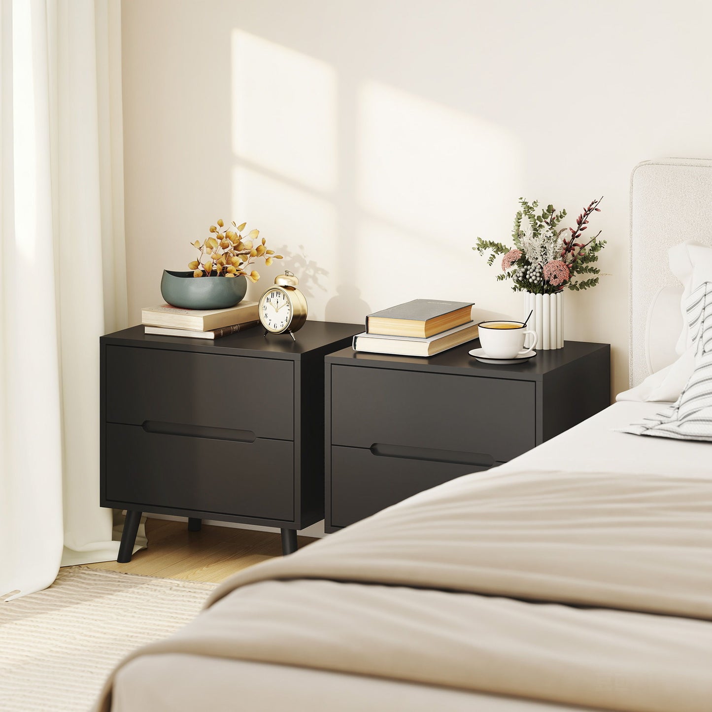 Nightstands Set of 2, Bedside Table with 2 Drawers, Modern Side End Table with Solid Wood Legs for Bedroom, Black