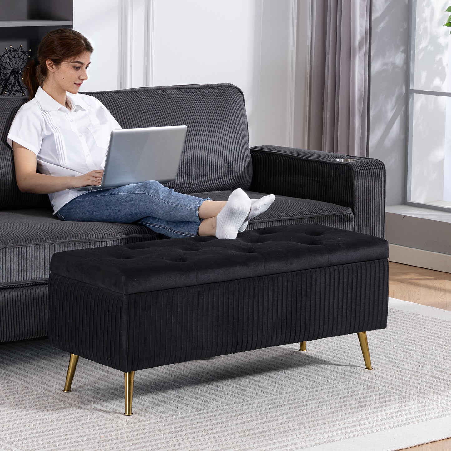 Storage Ottoman Bench, 43 Inch Large Storage Chest with Steel Legs and Padded Seat, Foot Rest, Load 485 lbs, Black