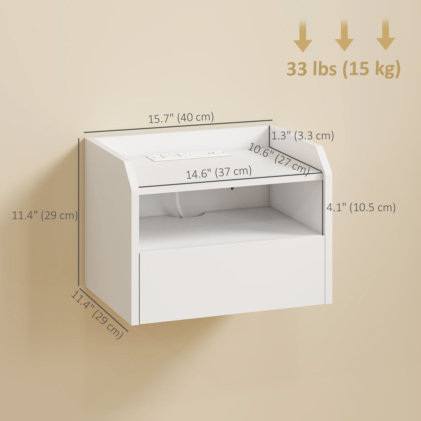 Wall Mounted Bedside Table, Set of 2 Floating Nightstand with Charging Station, Drawer and Open Shelf for Bedroom, White