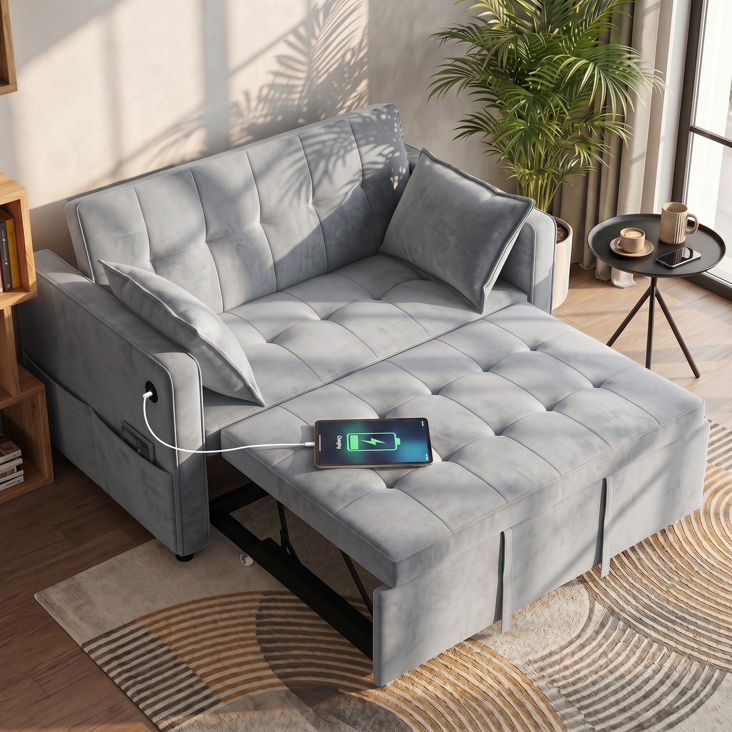 3-in-1 Convertible Sofa Bed, Pull-Out Sleeper Sofa with USB Charging, Adjustable Backrest and Side Pockets, Light Grey