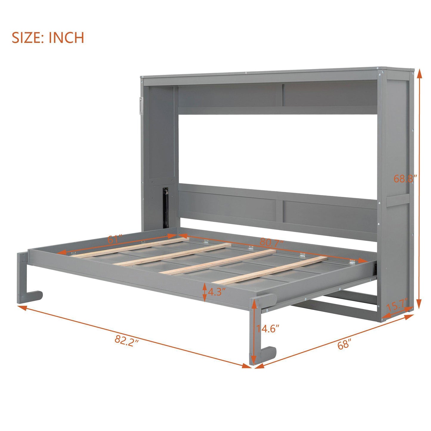 Queen Size Murphy Wall Bed with MDF & Plywood Construction, Fold-Away Cabinet Bed with Flexible Slat Support, 82'' L x 68'' W x 69'' H, Gray