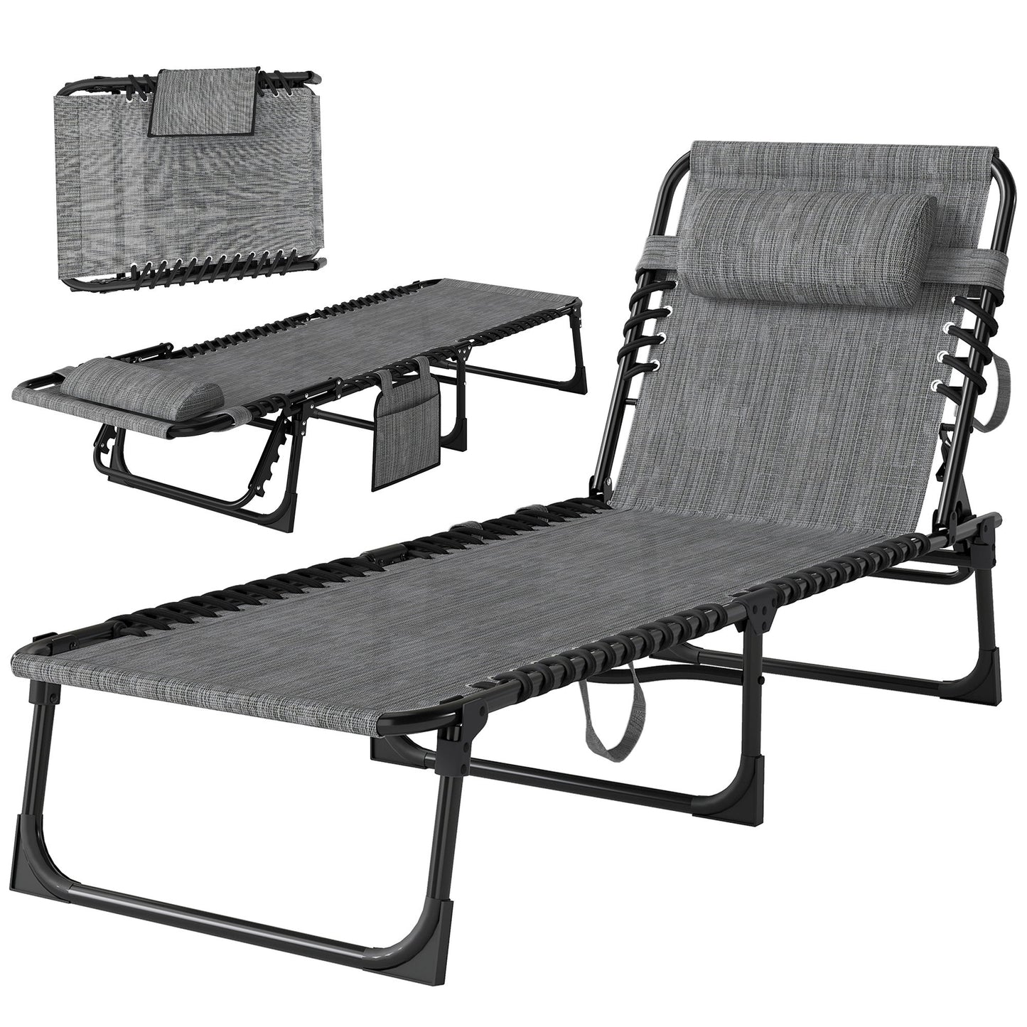 Outdoor Folding Chaise Lounge, Reclining Lounge Chair with Adjustable Backrest and Removable Pillow, Mixed Grey