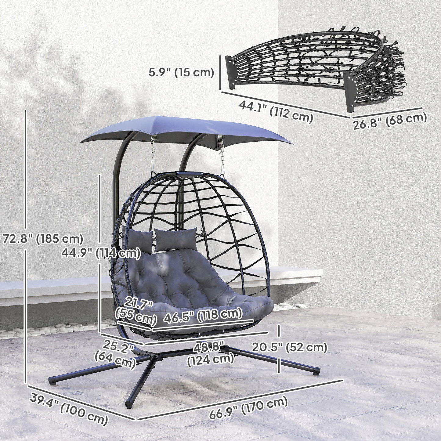 Double Wicker Egg Swing Chair with Canopy, Foldable Hanging Egg Chair with Stand Cushion Headrest, Black