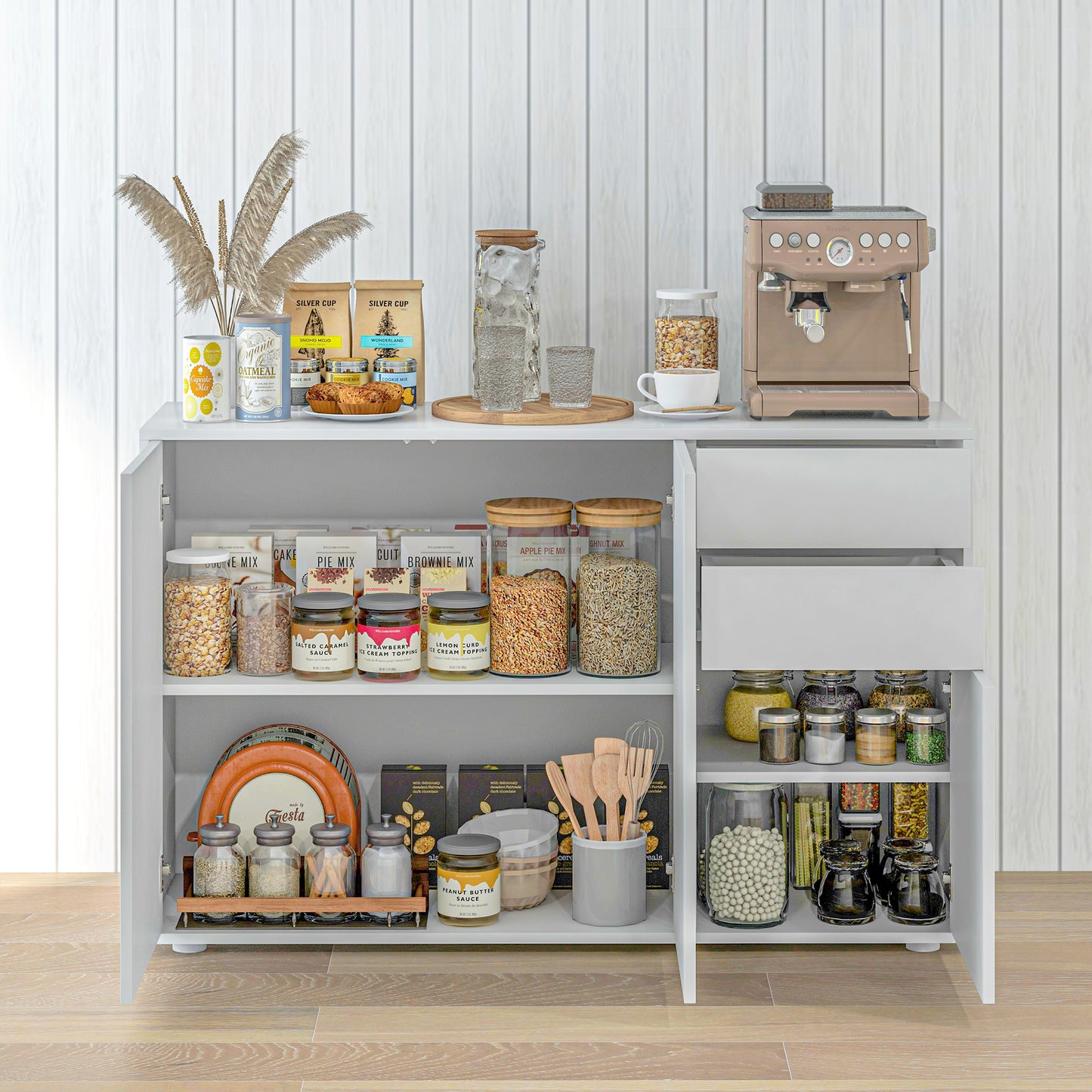 Kitchen Sideboard Storage Cabinet, Modern Coffee Bar with Push-Open Design and 2 Drawers for Living Room, White