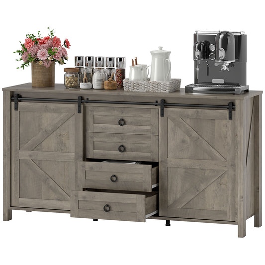 60" Farmhouse Buffet Cabinet with Sliding Barn Doors - Distressed Light Grey