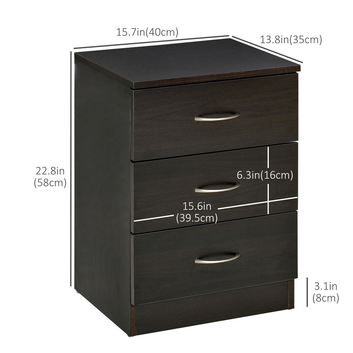 3-Drawer Nightstand Set of 2 - Dark Brown