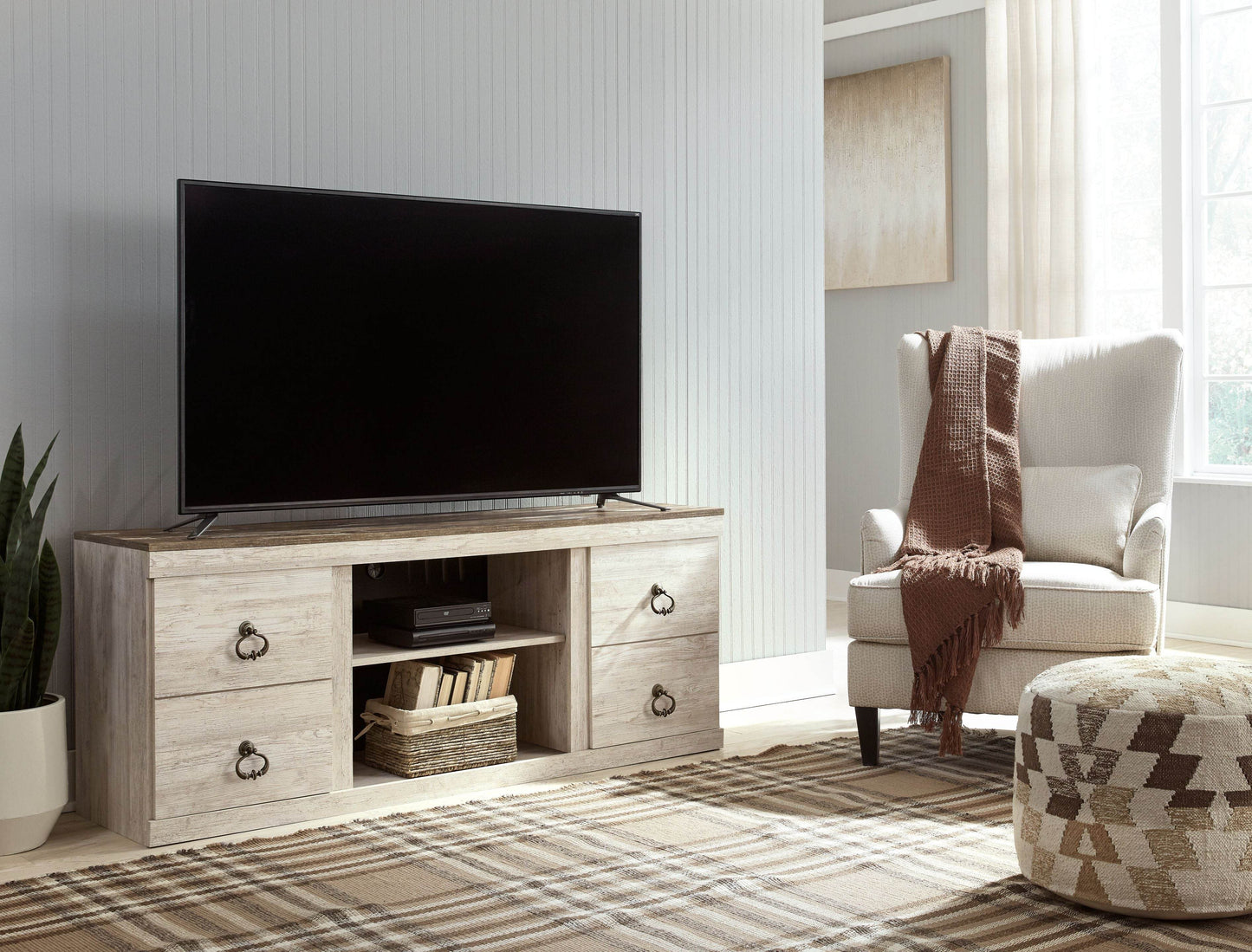 Willowton - Whitewash - 2 Pc. - TV Stand with Faux Firebrick Fireplace Insert - Forward Furniture