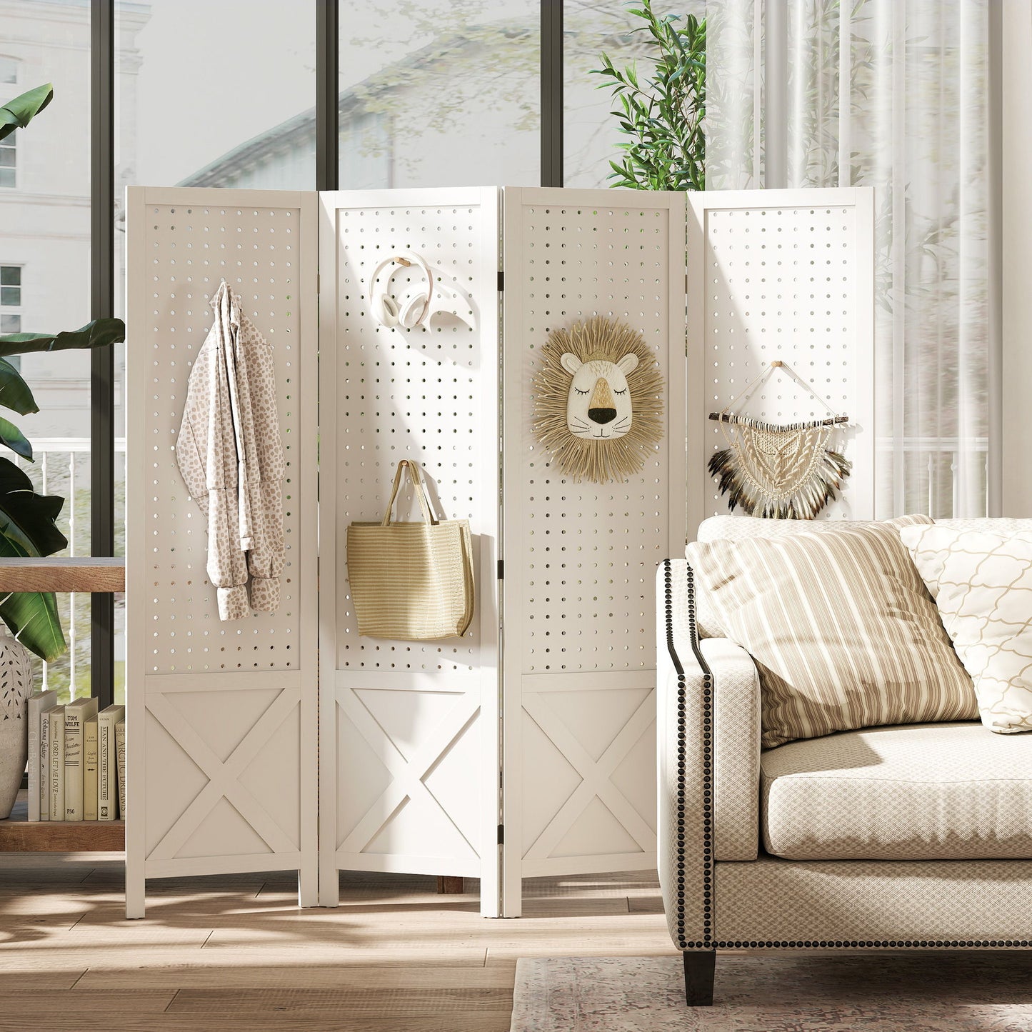56.9" 4 Panel Wooden Room Divider with Pegboard Display, Folding Privacy Screen for Home Office, White