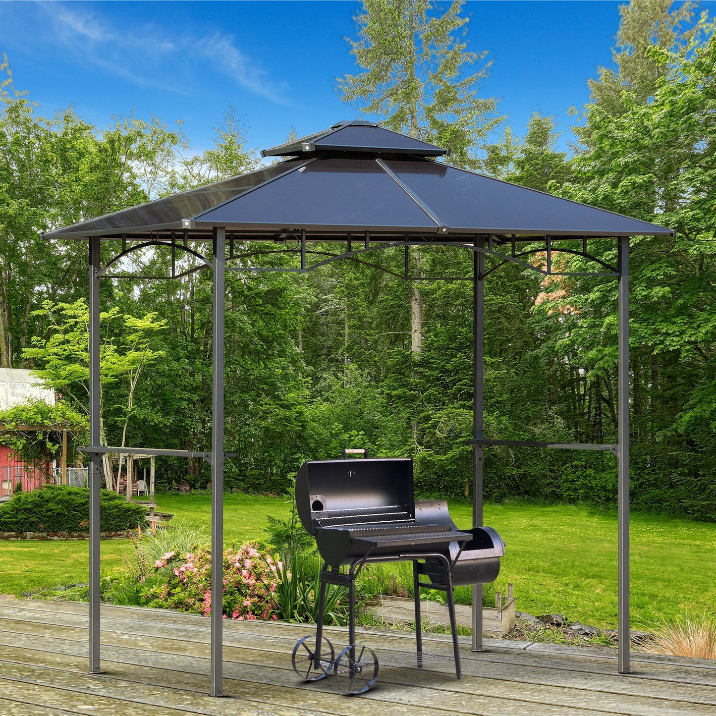 8' x 5' Hardtop Grill Gazebo, Aluminium BBQ Canopy Gazebo, Outdoor Canopy with Side Shelves & Double Roof