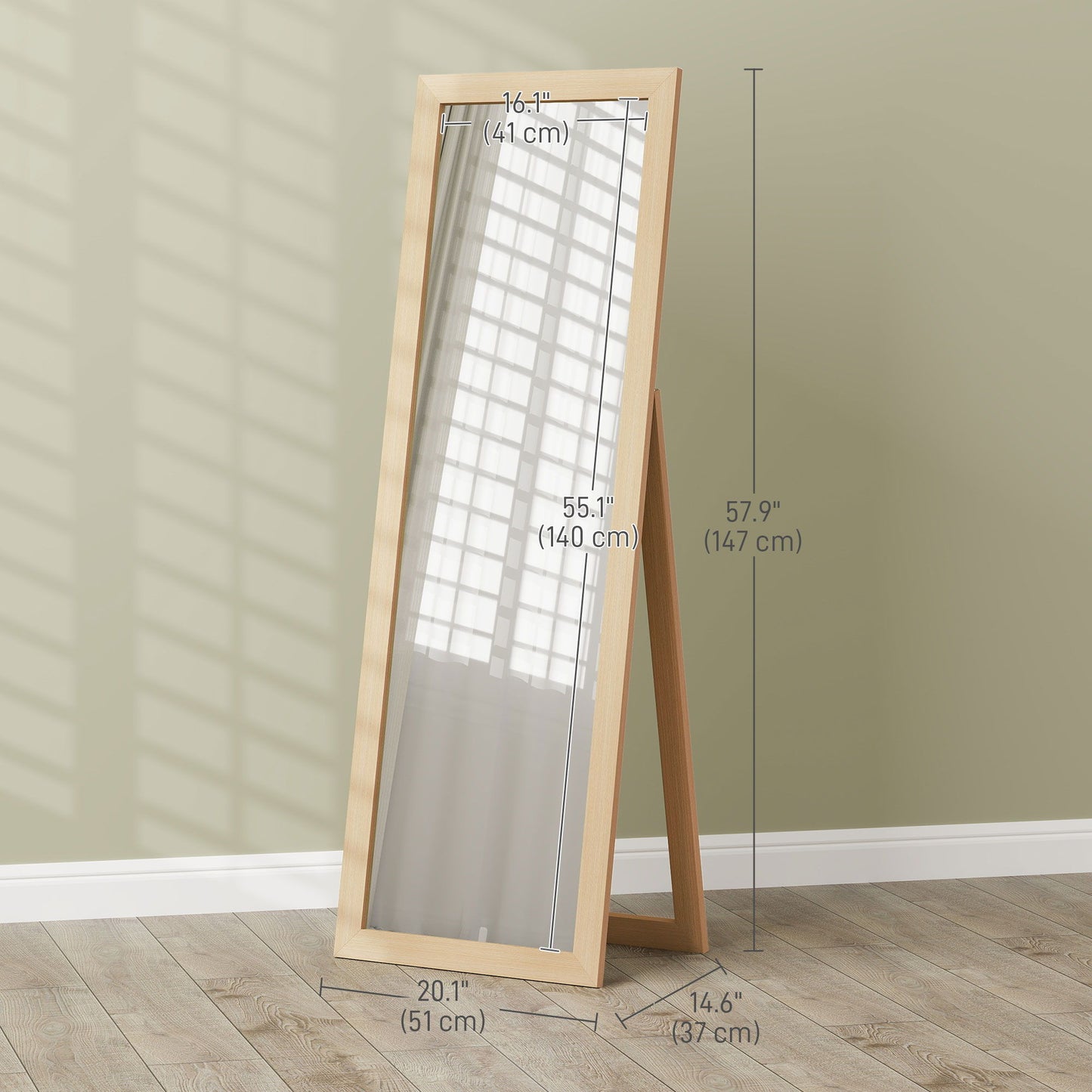 58" x 20" Floor Standing Mirror, Full Body Mirror for Bedroom, Living Room, Oak