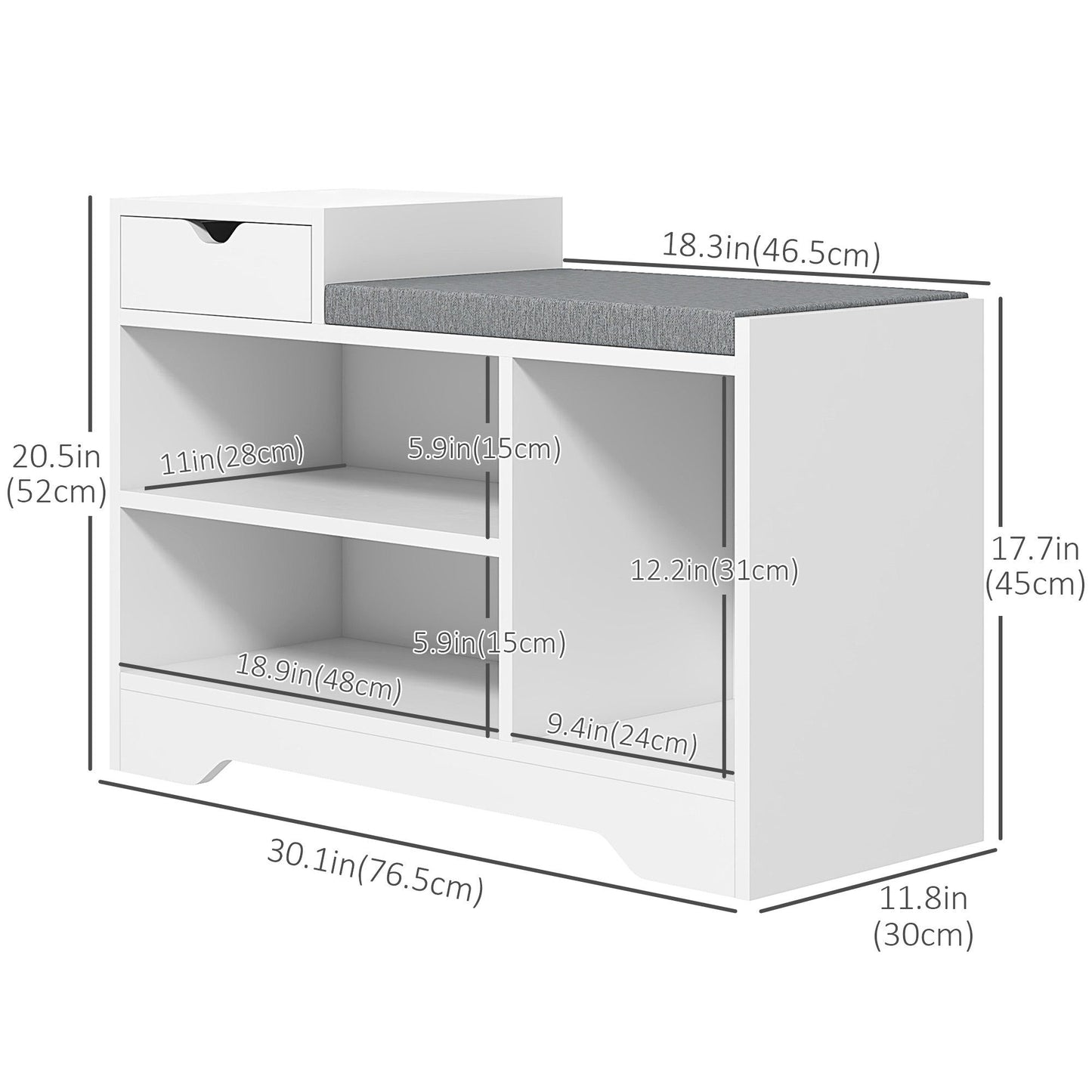 Shoe Storage Bench with Drawer and 3 Shelves - White