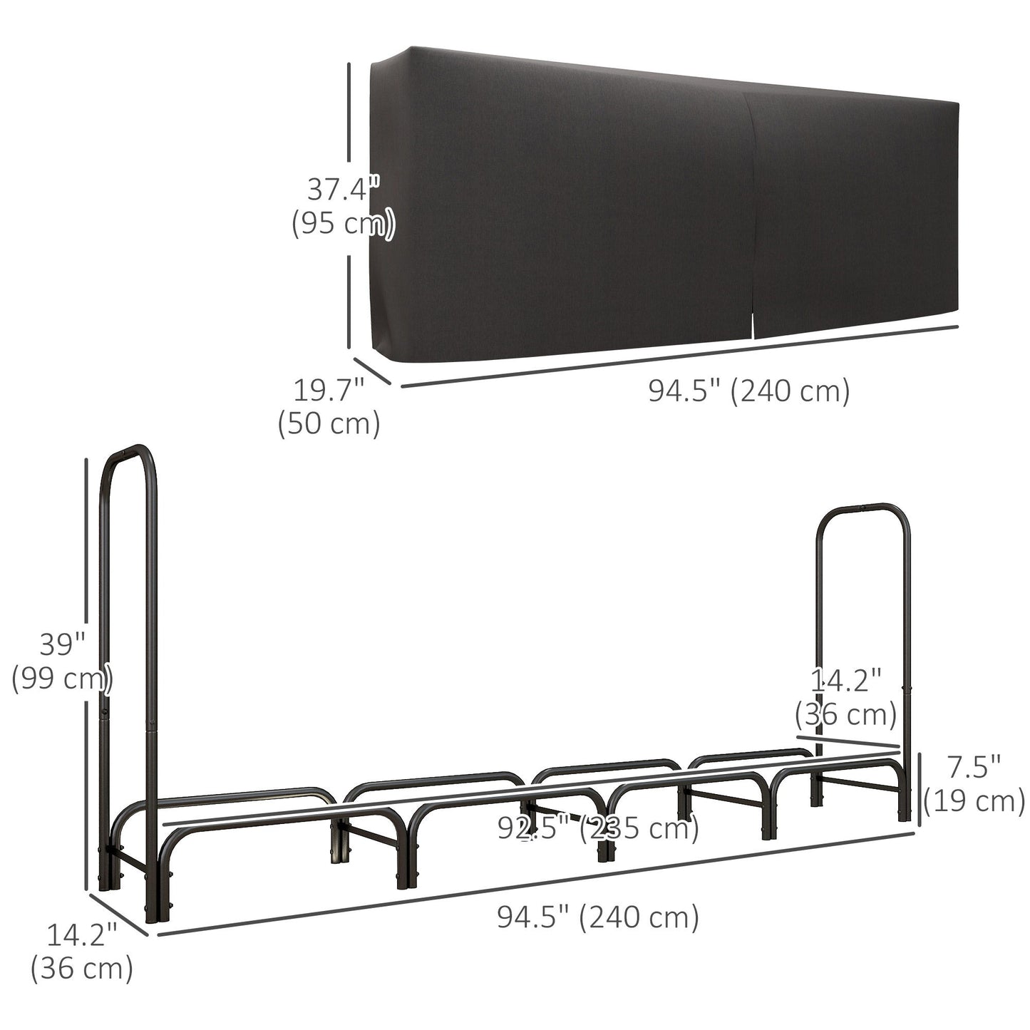 8ft Outdoor Firewood Rack with Cover, Adjustable Wood Storage Holder, Indoor Outdoor Log Rack, Black