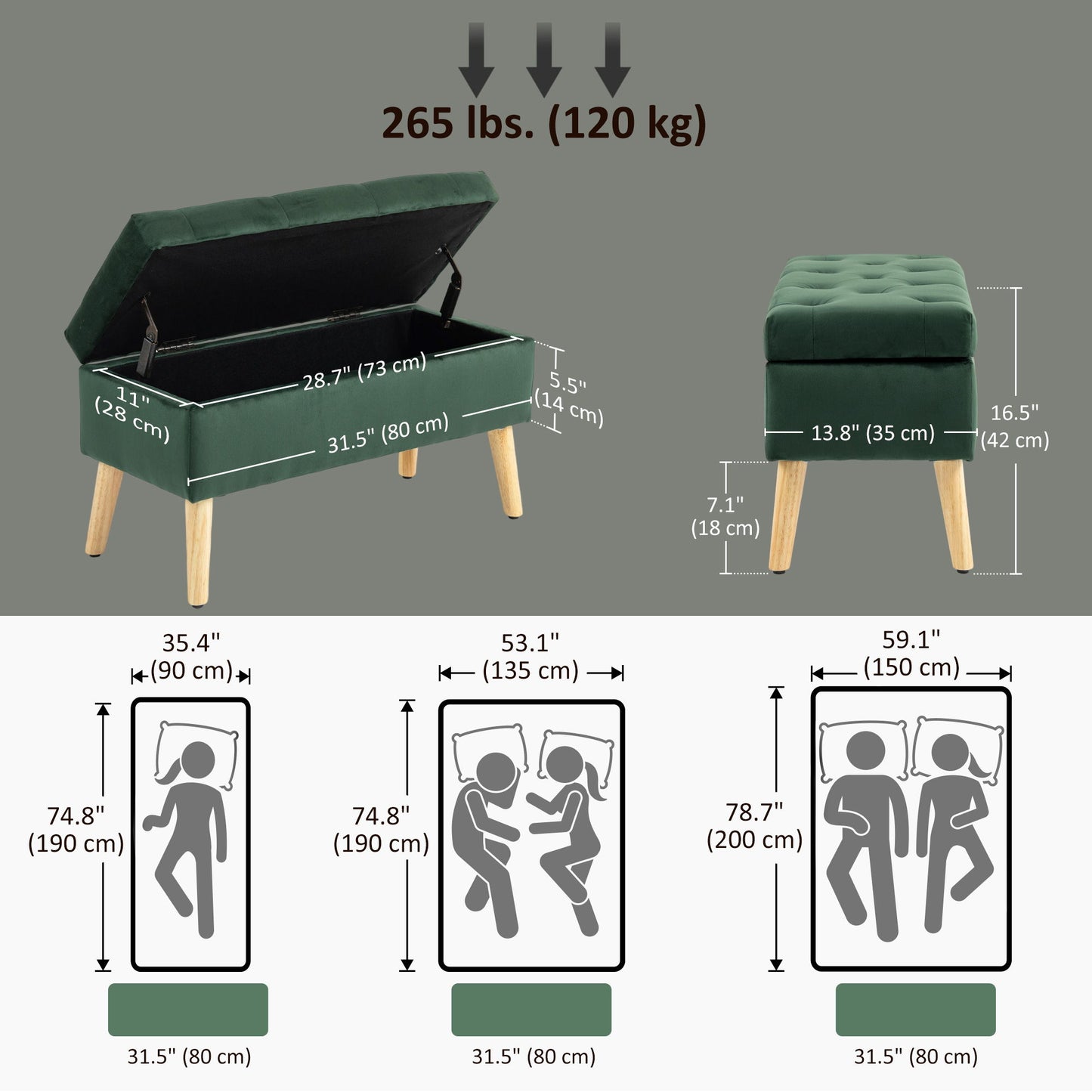 Storage Ottoman with Lid, Velvet Upholstered Storage Bench with Wood Legs for Living Room, Dark Green