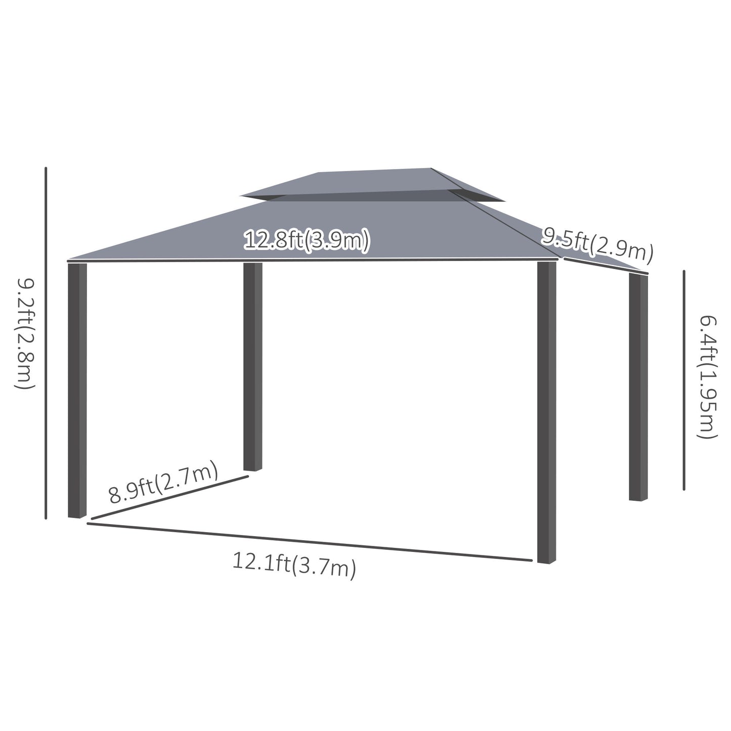 13' x 10' Patio Gazebo Canopy with 2-Tier Polyester Roof, Vented Mesh Sidewall & Strong Aluminum Frame, Grey