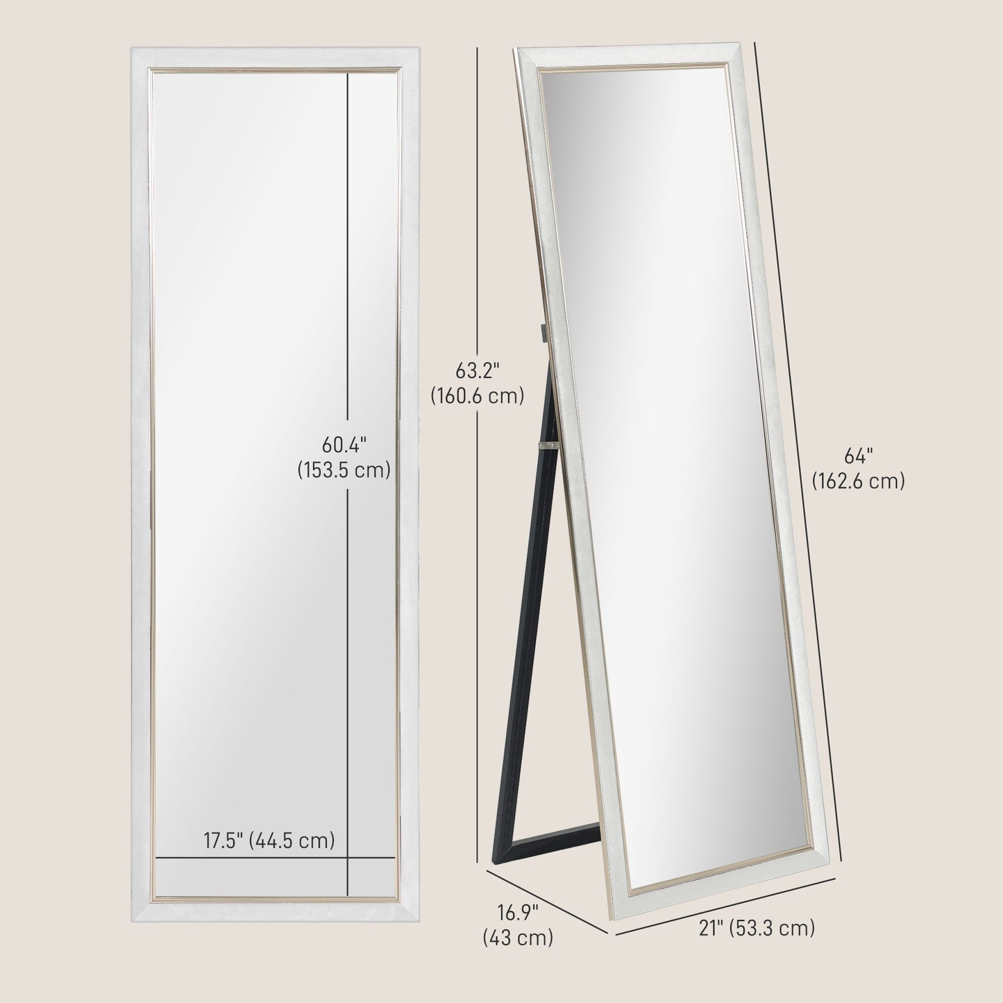 Floor Standing Mirror, Full Body Mirror, Free Standing, Leaning or Wall Mirror with Frame for Bedroom, White
