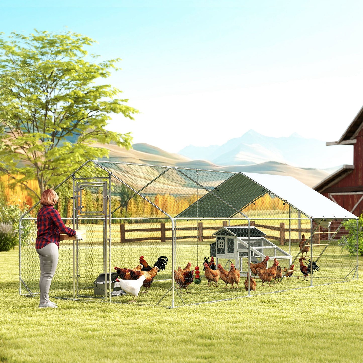 Large Metal Chicken Run with Waterproof & UV-Resistant Cover, Feeding Door, Hanging Feeder, Perch for 18-24 Chickens