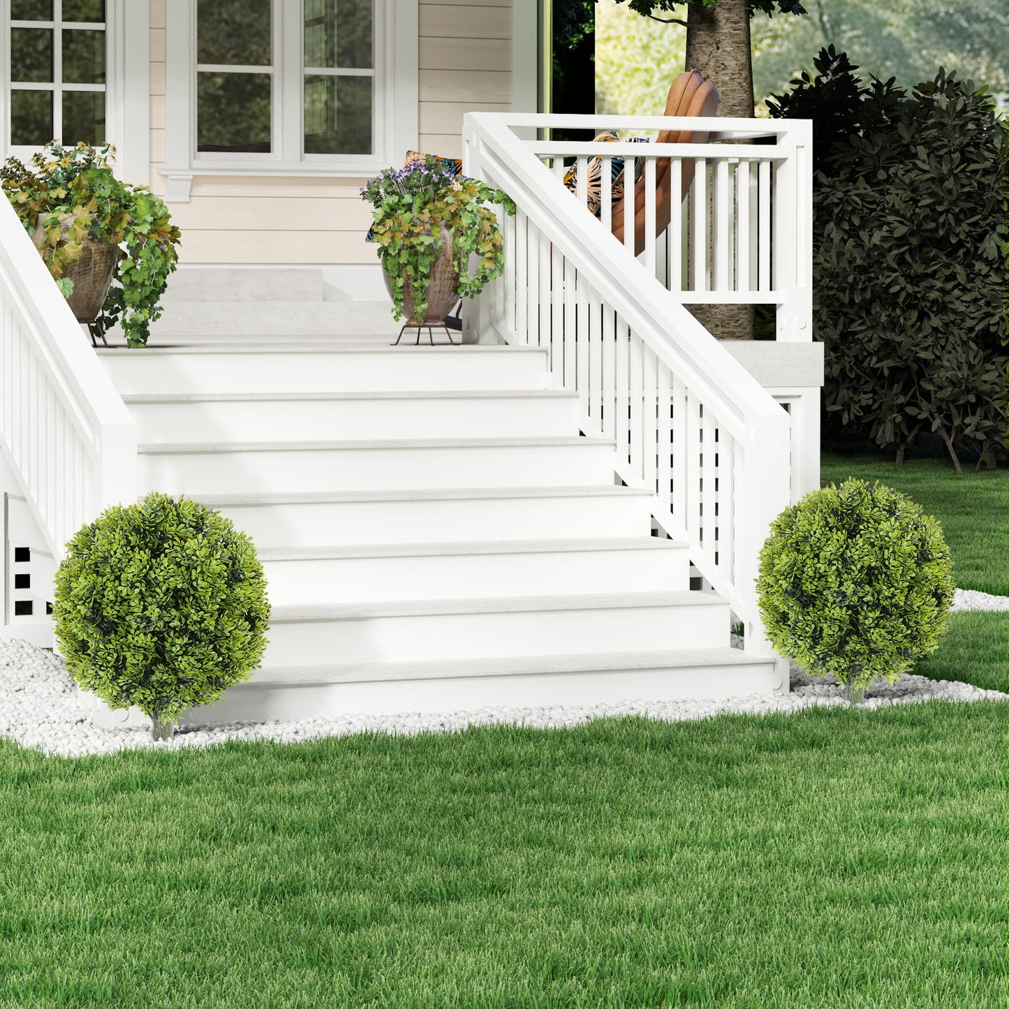 Artificial Boxwood Topiary Trees Set of 2 with Ground Stake, UV Resistant Fake Plants for Indoor Outdoor, Green