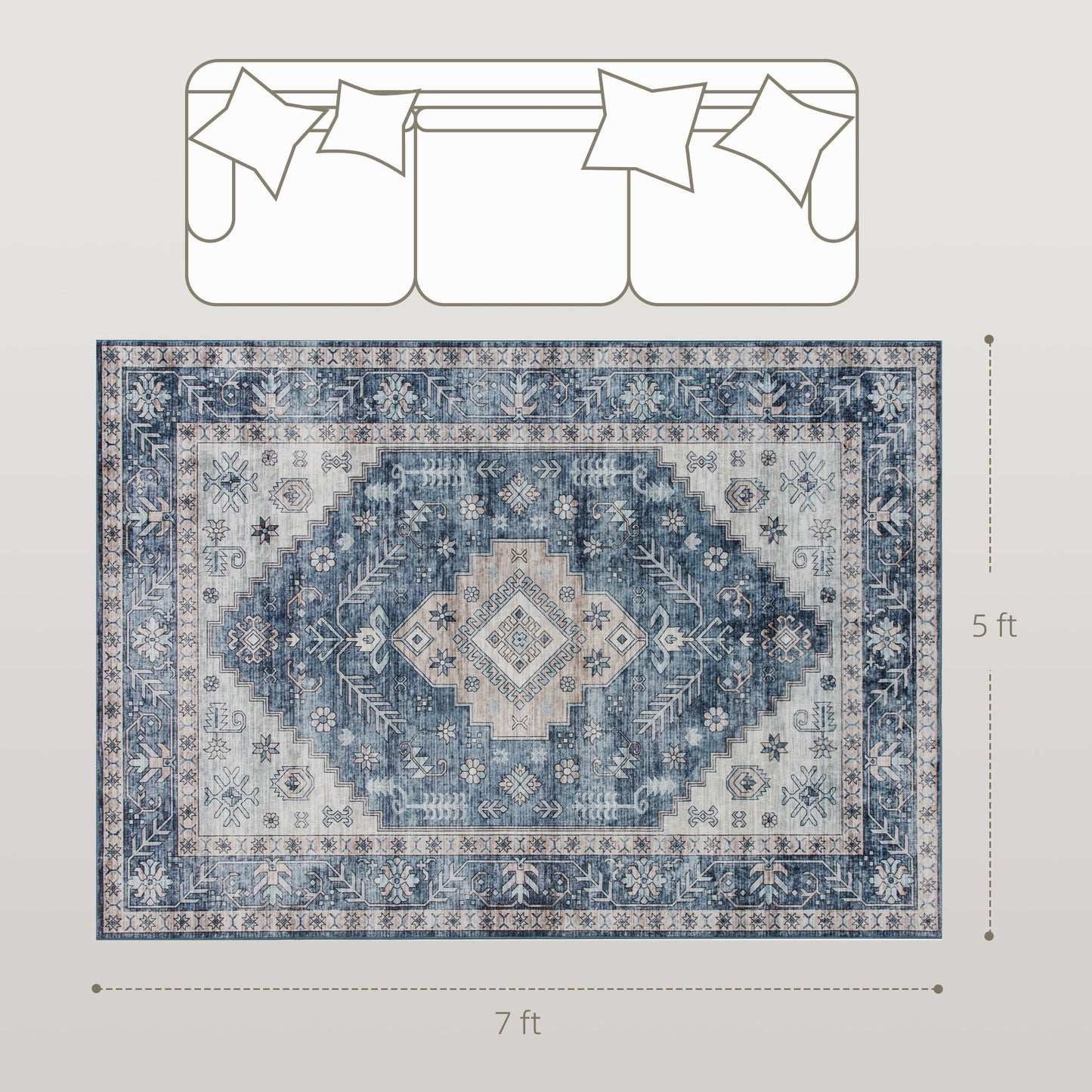 5x7 Area Rug, Vintage Machine Washable Rug, Non-Slip Floor Carpet for Living Room, Bedroom, Dining Room, Blue