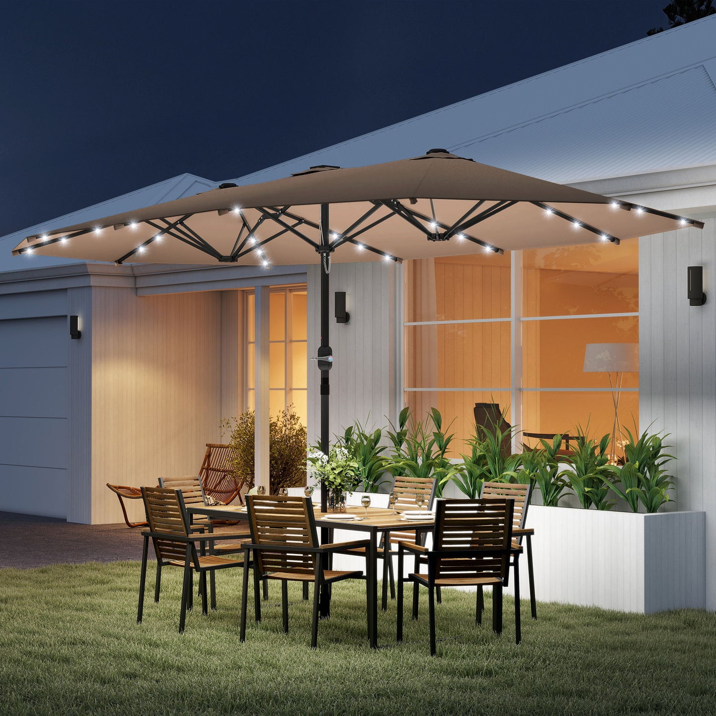 174" Double-Sided Sun Umbrella Garden Parasol Patio Sun Shade Outdoor with LED Solar Light, Khaki