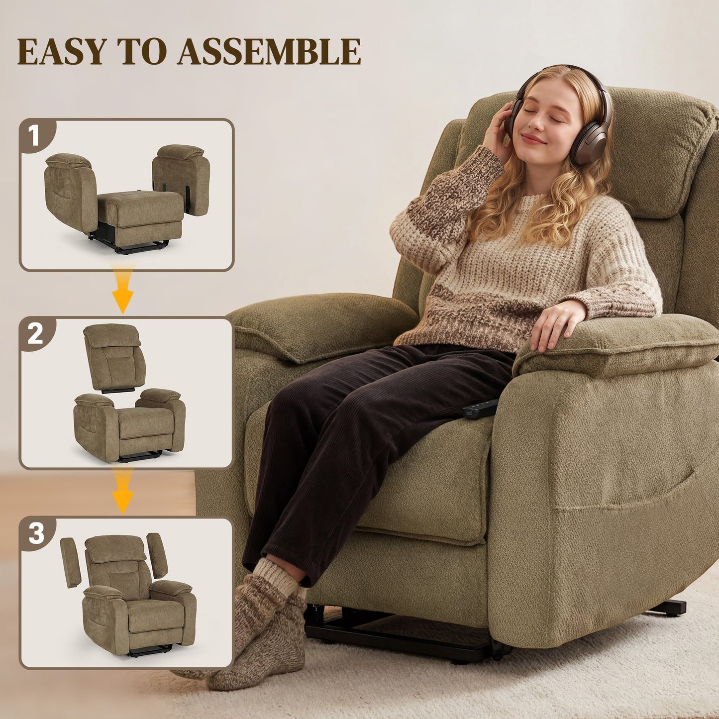 Power Recliner Chair with Massage, Electric Lift Chair for Elderly with Side Pockets, 2 Memory Positions, Remote, Brown