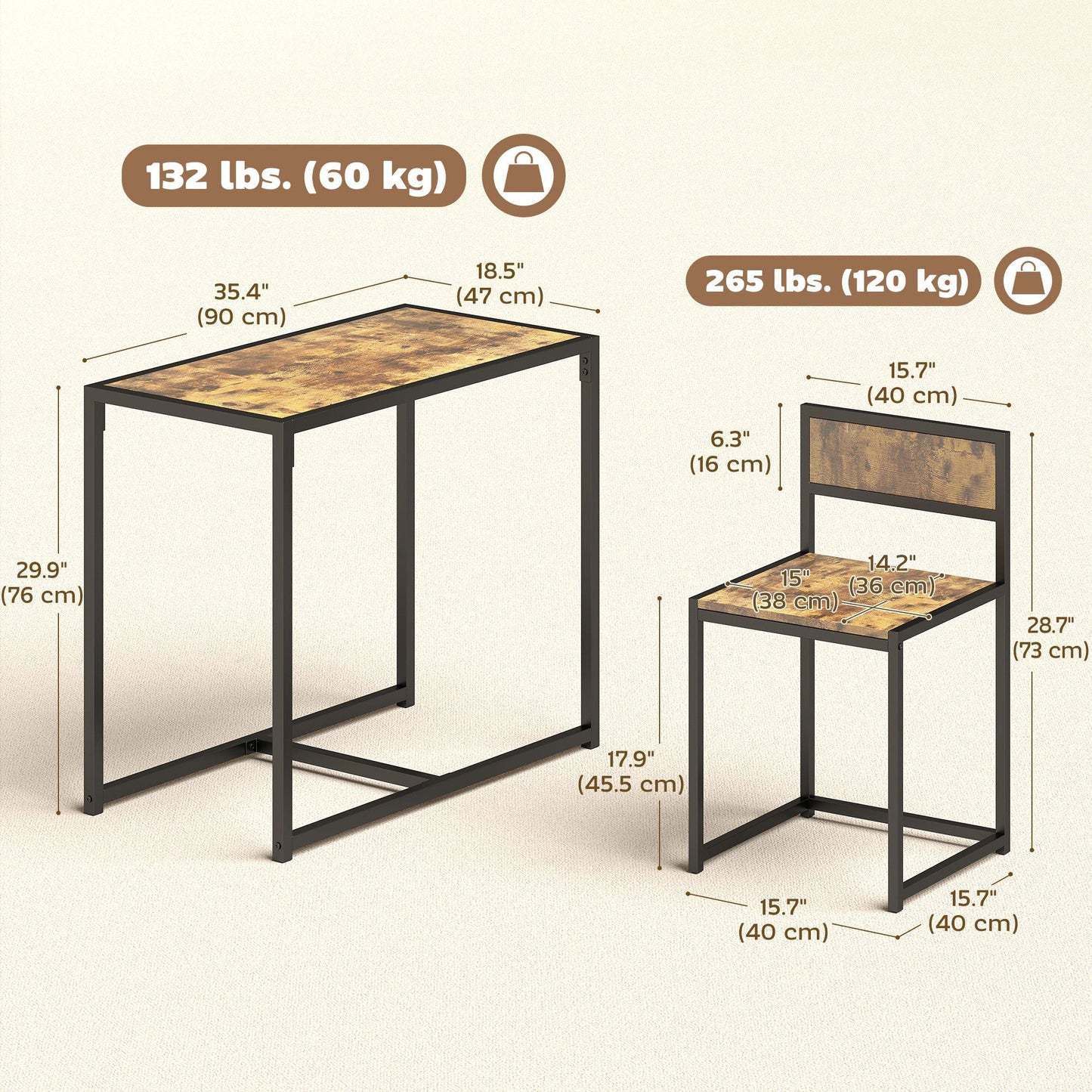 3-Piece Industrial Dining Table Set for 2 - Rustic Brown