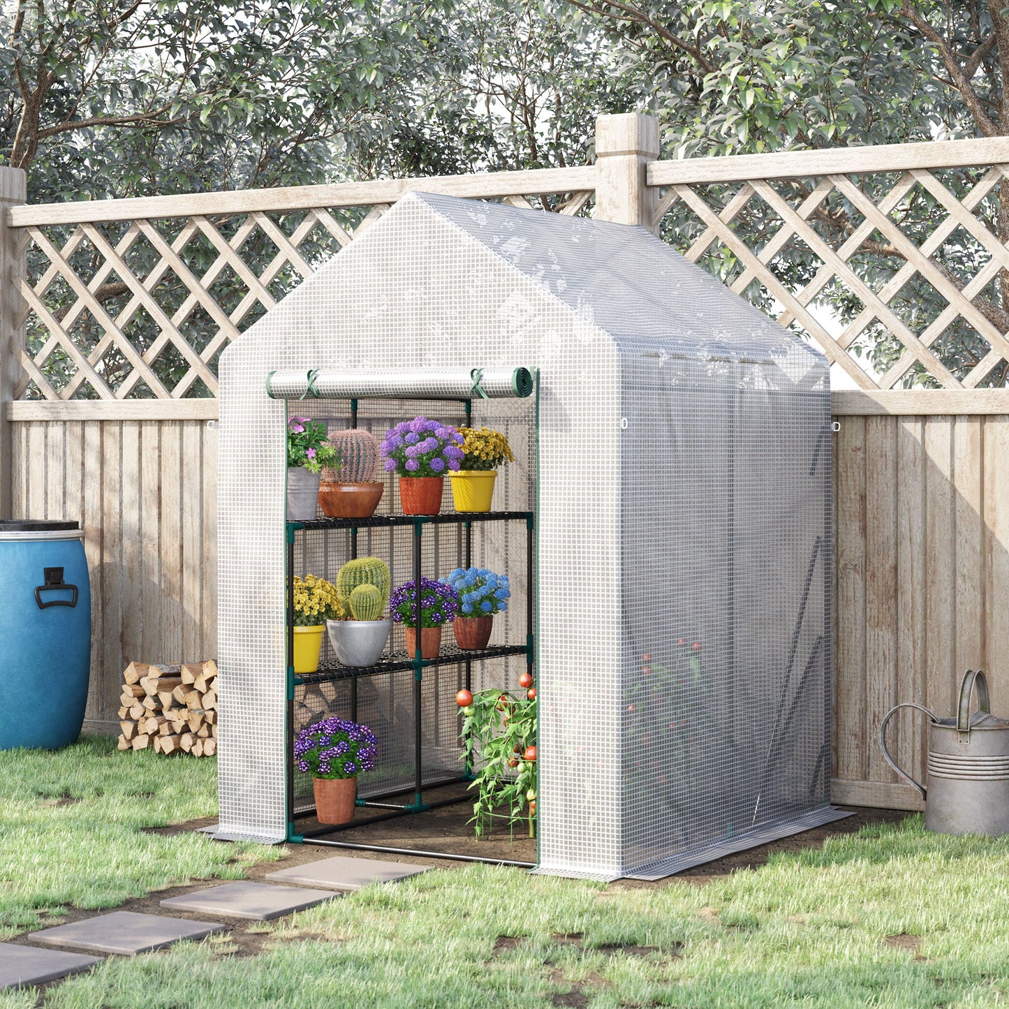 56" x 56" Walk-in Greenhouse Outdoor, Portable Gardening Plant Hot House with 2-Tier Shelf, Green