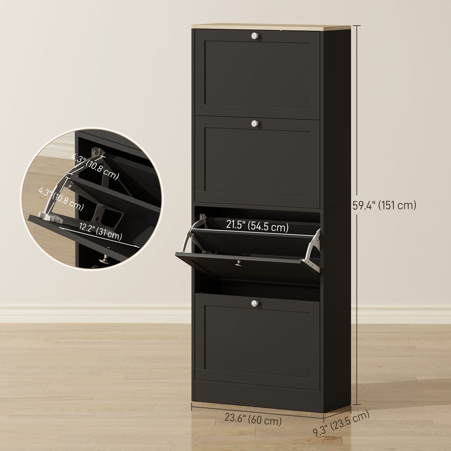 Modern Shoe Storage Cabinet with 4 Flip Drawers and Adjustable Shelves, Shoe Cabinet for 18-24 Pairs of Shoes, Black
