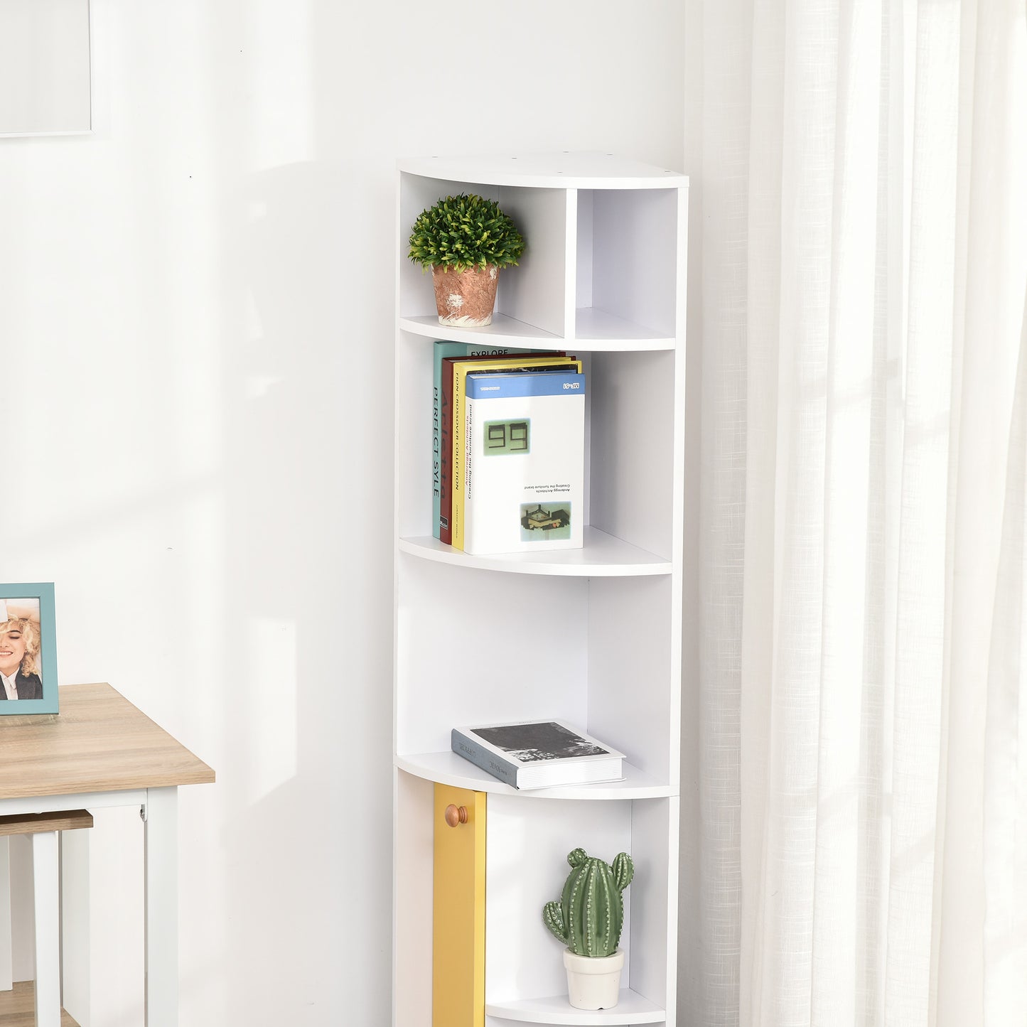 5-Tier Corner Bookcase, Storage Bookshelf, Freestanding Display Shelves with Open Compartments and Cabinet for Home Office, Living Room, Study, White