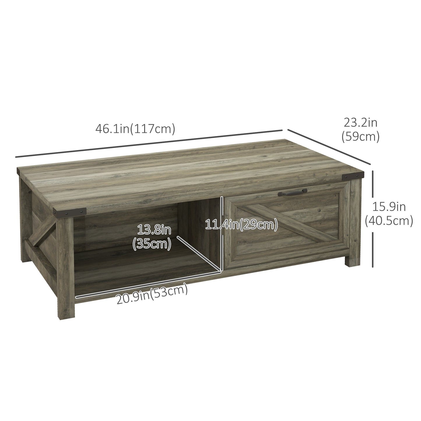 Farmhouse Coffee Table with Drawer and Shelf - Grey