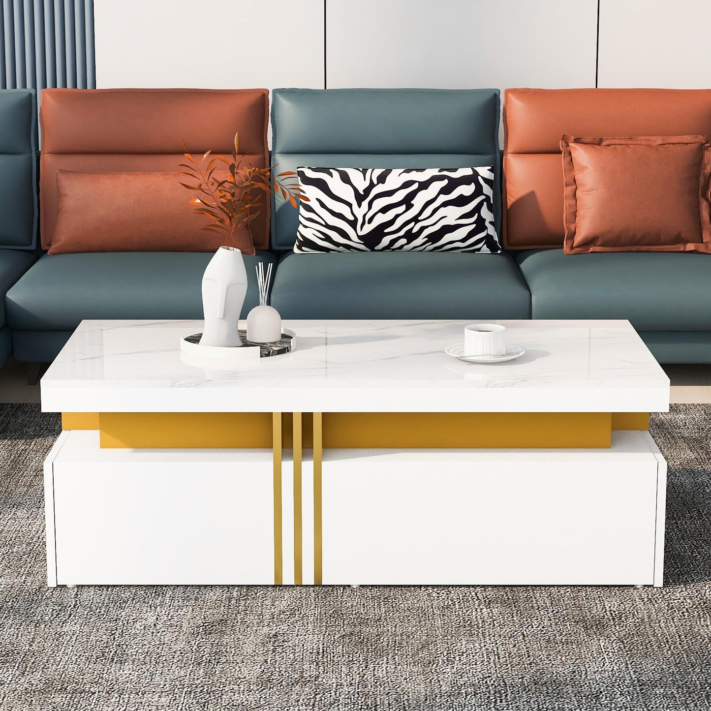 Minimalist Coffee Table with 2 Drawers and High-Gloss Finish, Multi-Use Side Table for Living Spaces, 39.5'' L x 19.5'' W x 15.5'' H, White